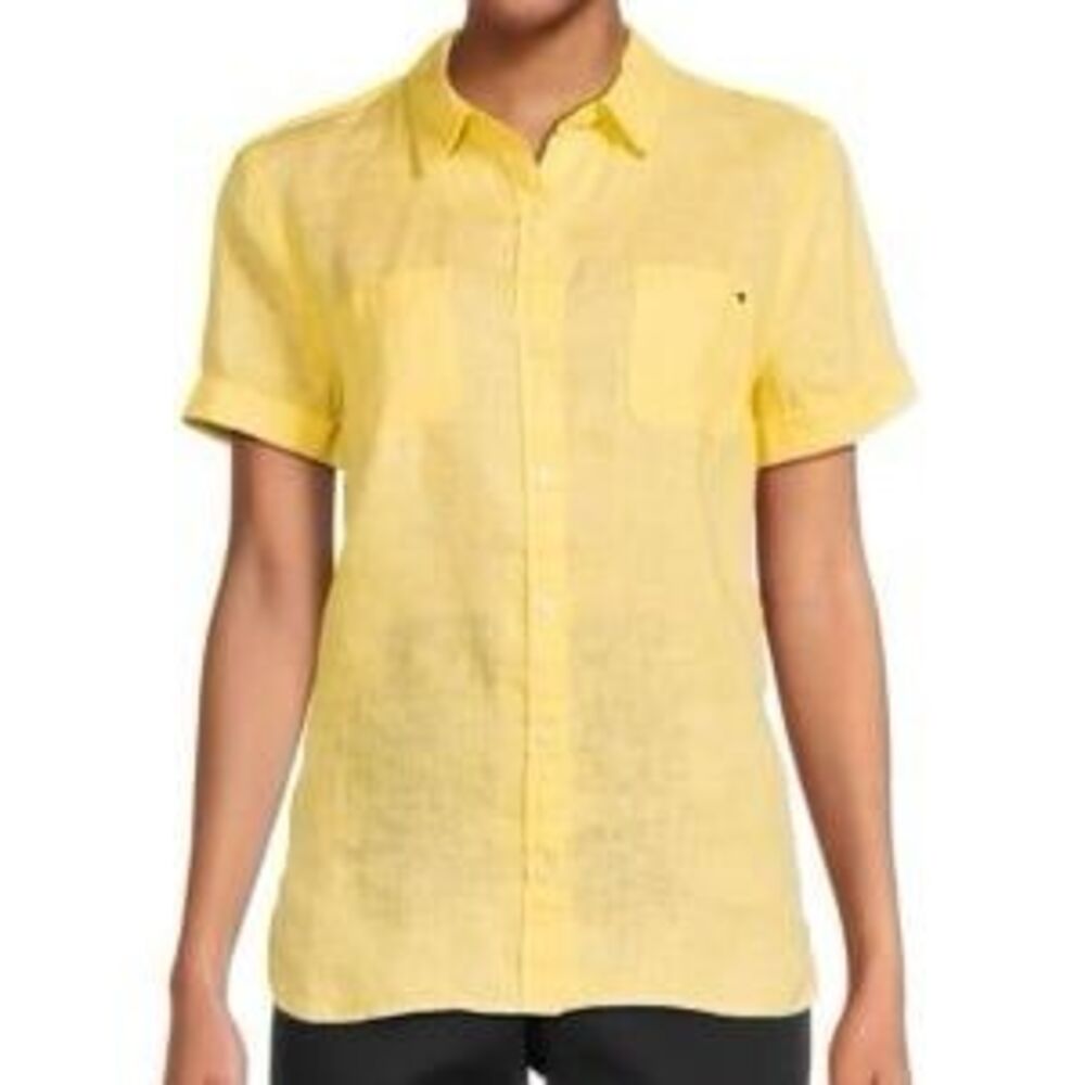 Tommy Hilfiger Linen Blend Point Button Rolled Cuff Sleeves Down Collar Shirt L